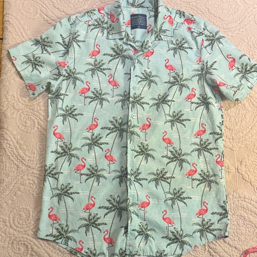 Broken Threads button front Light green Flamingo & Palm Print Camp Shirt medium